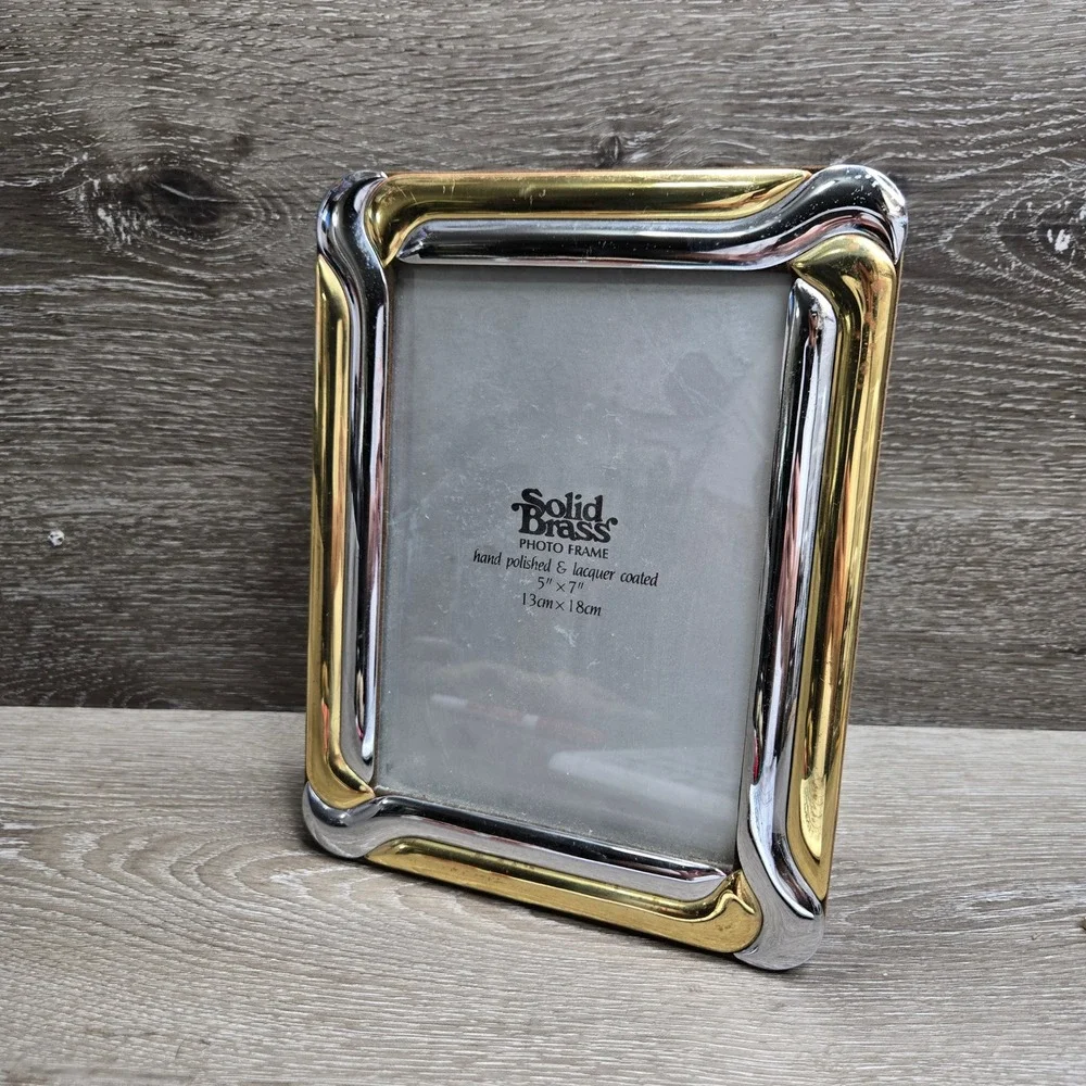 Vintage Solid Brass Two Tone Silver Gold Photo Picture Frame 5x7 Art Deco Korea
